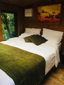 a bedroom with a large white bed with green sheets at The Dainty Den in Twitchen