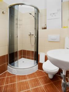 a bathroom with a shower and a toilet and a sink at Apartament w Drawsku in Drawsko Pomorskie
