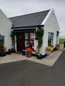 a white house with potted plants in front of it at Craig Cottage Self-catering in Bushmills