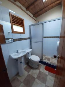 y baño con aseo, lavabo y ducha. en Hotel Campestre Inaoska Ecospa, en Nobsa