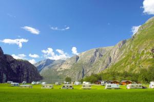 a group of camels parked in a field in front of mountains at Sæbø Camping in Eidfjord +45 photos