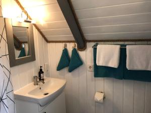 ein Badezimmer mit Waschbecken und Spiegel in der Unterkunft Ferienhaus Vogelkoje in Emmelsbüll-Horsbüll + 23 Fotos