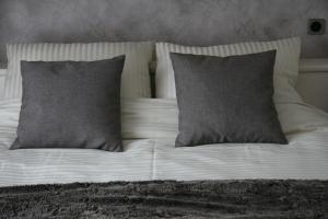 a bed with two pillows and two gray pillows at Haus Luna in Butgenbach