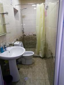 a bathroom with a toilet and a sink and a shower at Guest House ELENA in Kutaisi