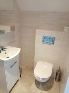 a bathroom with a white toilet and a sink at Domek Ostoja rodzinna u Grzybka in Nadole