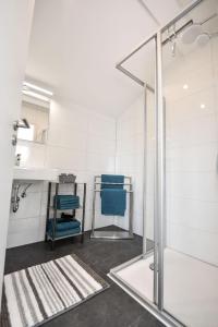 ein Bad mit einer Dusche und einem Waschbecken in der Unterkunft Steinbrunner Geschmackvolle Ferienwohnungen in Burghausen