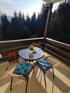 a glass table and two chairs on a balcony at Green Studio in Predeal