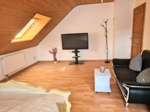 ein Wohnzimmer mit einem Sofa und einem Flachbild-TV in der Unterkunft Holzfeld in Boppard