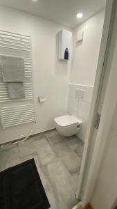 a white bathroom with a toilet and a sink at Seeblick Apartment in Sankt Gilgen