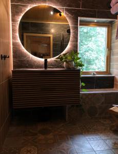 ein Bad mit einem Waschbecken und einem Spiegel in der Unterkunft Chalet Holmen in Uddevalla
