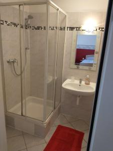 ein Bad mit einer Dusche und einem Waschbecken in der Unterkunft Ferienwohnung Madlene 2 in Gablitz