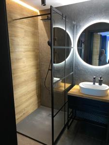 a bathroom with a shower with a sink and a mirror at VIP Apartament-Marine in Rumia