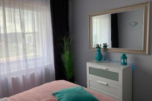 a bedroom with a mirror and a bed with a dresser at Przytulny apartament do wynajęcia in Reda