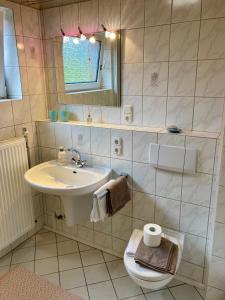 een badkamer met een wastafel en een toilet bij Ferienhaus an der Seefahrtschule in Großefehn 