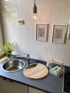 a kitchen sink with a wooden cutting board on it at Ferienhaus an der Seefahrtschule in Großefehn 