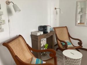 a living room with two chairs and a table at Entre Mer et Pins in Saint-Julien-en-Born