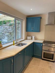a kitchen with blue cabinets and a sink and a window at 6 Eyre Square Lane in Galway