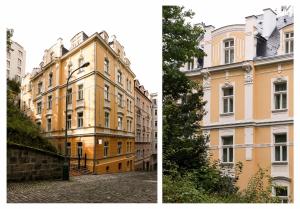 two pictures of a building next to a street at Ferdinandhof Apart-Hotel in Karlovy Vary