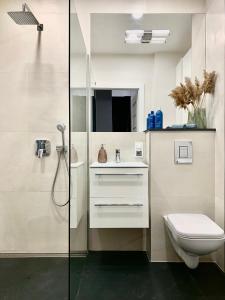 a bathroom with a shower and a toilet and a sink at Apartamenty Wrzeszcz by Q4Apartments in Gdańsk