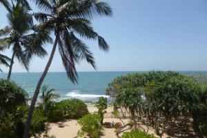 a view of the beach with palm trees and the ocean at Villa Sunrise Ferienhaus in Tangalle