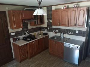 a kitchen with wooden cabinets and a sink and a dishwasher at Gospodarstwo Agroturystyczne "Dom na kolonii" in Prostki