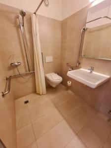 a bathroom with a sink, toilet and shower at Hôtel de la Poste Martigny - Center City in Martigny-Ville