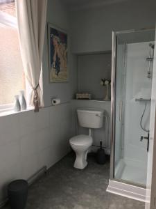 a bathroom with a white toilet and a shower at The Exhibition in York