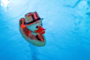 a glass bird in a top hat is sitting in the water at LES SUITES LOVE 1 SPA VUE MER PISCINe in Marseille