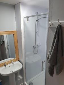 a bathroom with a shower and a sink at Taigh Thormoid in Amhuinnsuidhe