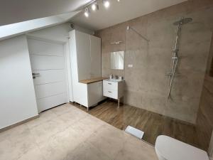 łazienka z prysznicem i umywalką w obiekcie Apartament Rynek 13 z parkingiem - Centrum Bochni w mieście Bochnia
