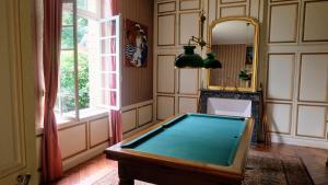 um quarto com uma mesa de bilhar e uma janela em Château d'Aigneville em Aigneville