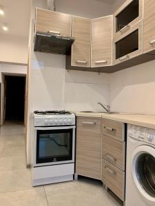 a kitchen with a stove and a washing machine at Felicjanek Apartment in Krakow