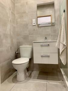 a bathroom with a toilet and a sink and a mirror at Felicjanek Apartment in Krakow