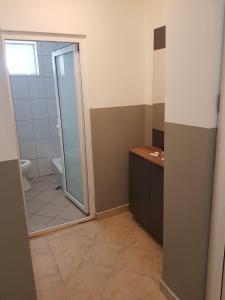 een badkamer met een douche, een toilet en een spiegel bij Fuk-tak's bungalow in Star Dojran