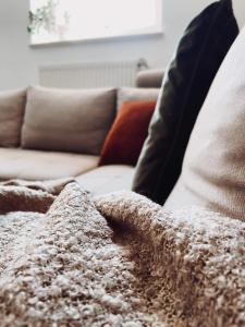 a living room with a couch and a blanket at Długopole Dolne Apartament in Długopole-Zdrój