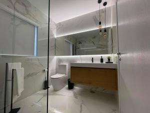 een badkamer met een wastafel, een toilet en een spiegel bij Casa do Patorrinho in Arcos de Valdevez