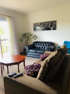 a living room with a leather couch and a table at Casa dos Neves in Campos do Jordão