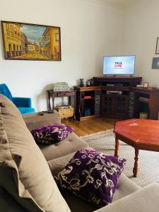 a living room with a couch and a flat screen tv at Casa dos Neves in Campos do Jordão