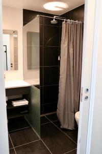 y baño con cortina de ducha y lavamanos. en Hotel Aurora en Nuuk