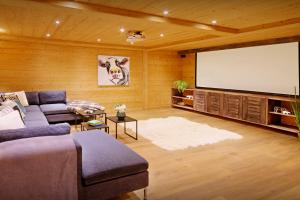 a living room with a couch and a flat screen tv at La Grange à L'Ours - OVO Network in Manigod