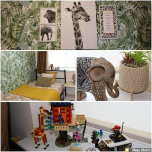 un collage de fotos de una habitación con una jirafa y juguetes en Royal Brick Home - Sleeps 5 to 6 - No ULEZ - Tube Nearby - Free Parking - Lego Themed, en Slough
