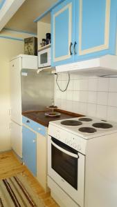 a kitchen with a white stove and blue cabinets at Kjørsvik Øvre in Tornes