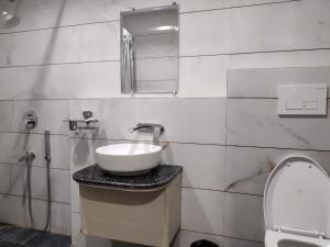 a bathroom with a sink and a toilet at Hotel Hamilton in Zirakpur