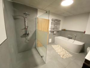 a bathroom with a shower and a bath tub at Ferienwohnung an der Reitanlage in Glashütte