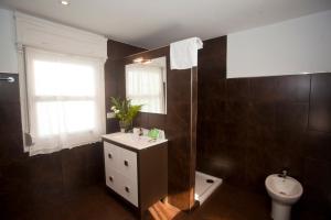 a bathroom with a sink and a toilet and a mirror at Villa Victoria in Vallobal +42 photos