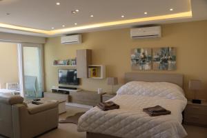a bedroom with a bed and a couch and a tv at Wileg 4A Luxury Studio Apartment with Shared Swimming Pool. in Qala