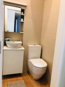 a bathroom with a white toilet and a sink at In My Style Apartman in Budapest