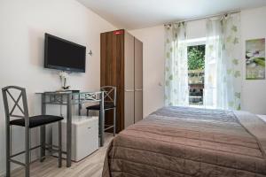 a bedroom with a bed and a tv and a window at Apartment mit Kaffeeküche für Zwei in Meersburg