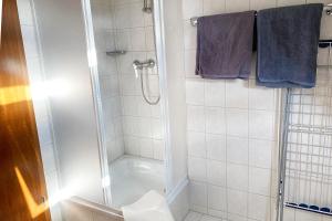 a bathroom with a shower and a white tiled shower at Schönes 1 Zimmer Apartment mit Dachterrasse in Glauchau