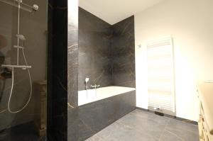 een badkamer met een douche en een bad bij La Maison de la Duchesse de la Vallière - Chambre Rosaline - Parking privé gratuit in Bergen